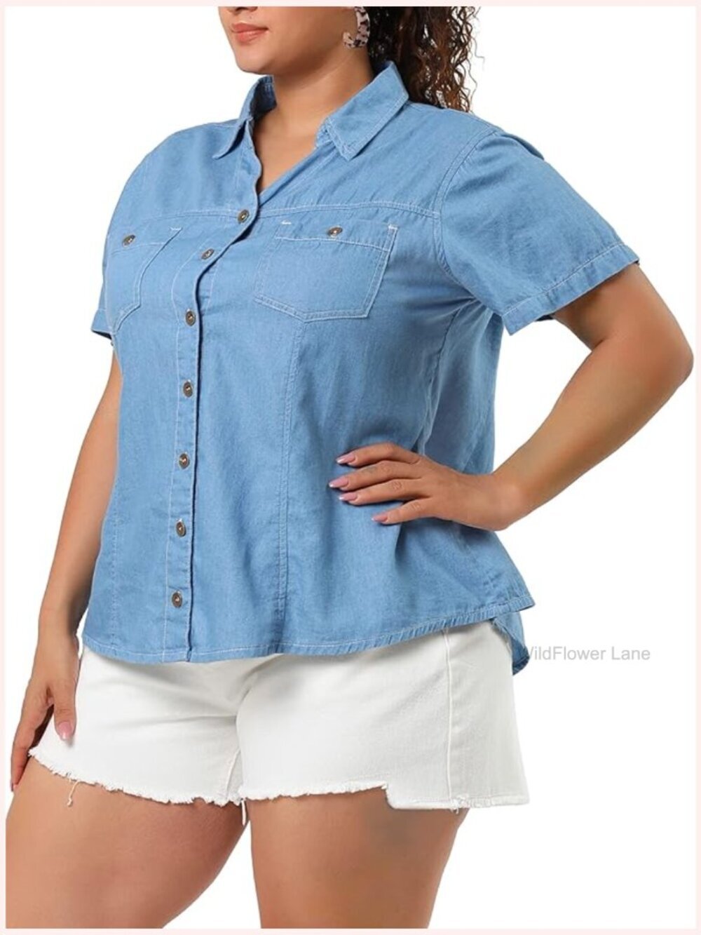 Short Sleeve Chambray Button Down Shirt Plus Size